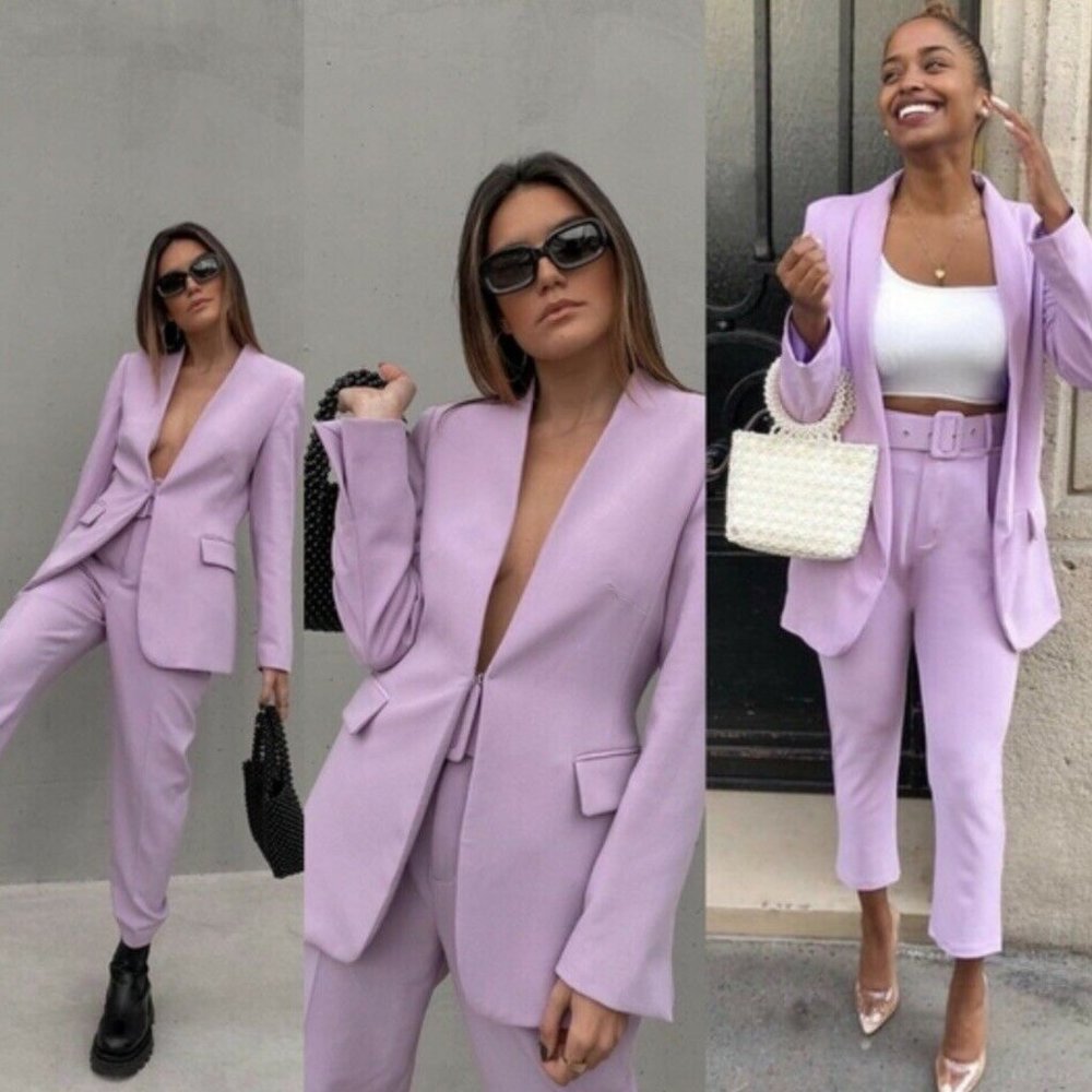 Zara Women V-Neck Blazer + Pants Co-Ord Suit Set Lilac